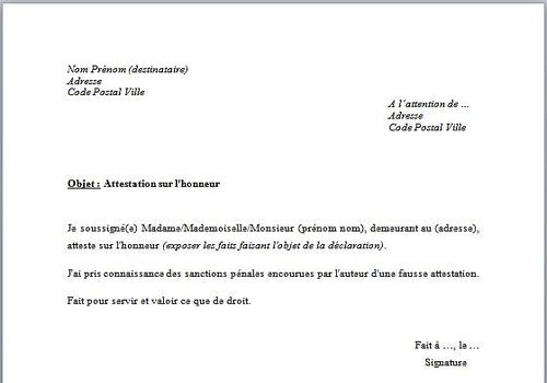 exemple de declaration sur l honneur